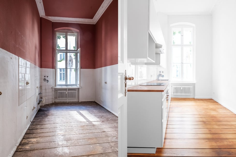 Renovation concept -kitchen room before and after refurbishment or restoration 1200x800px